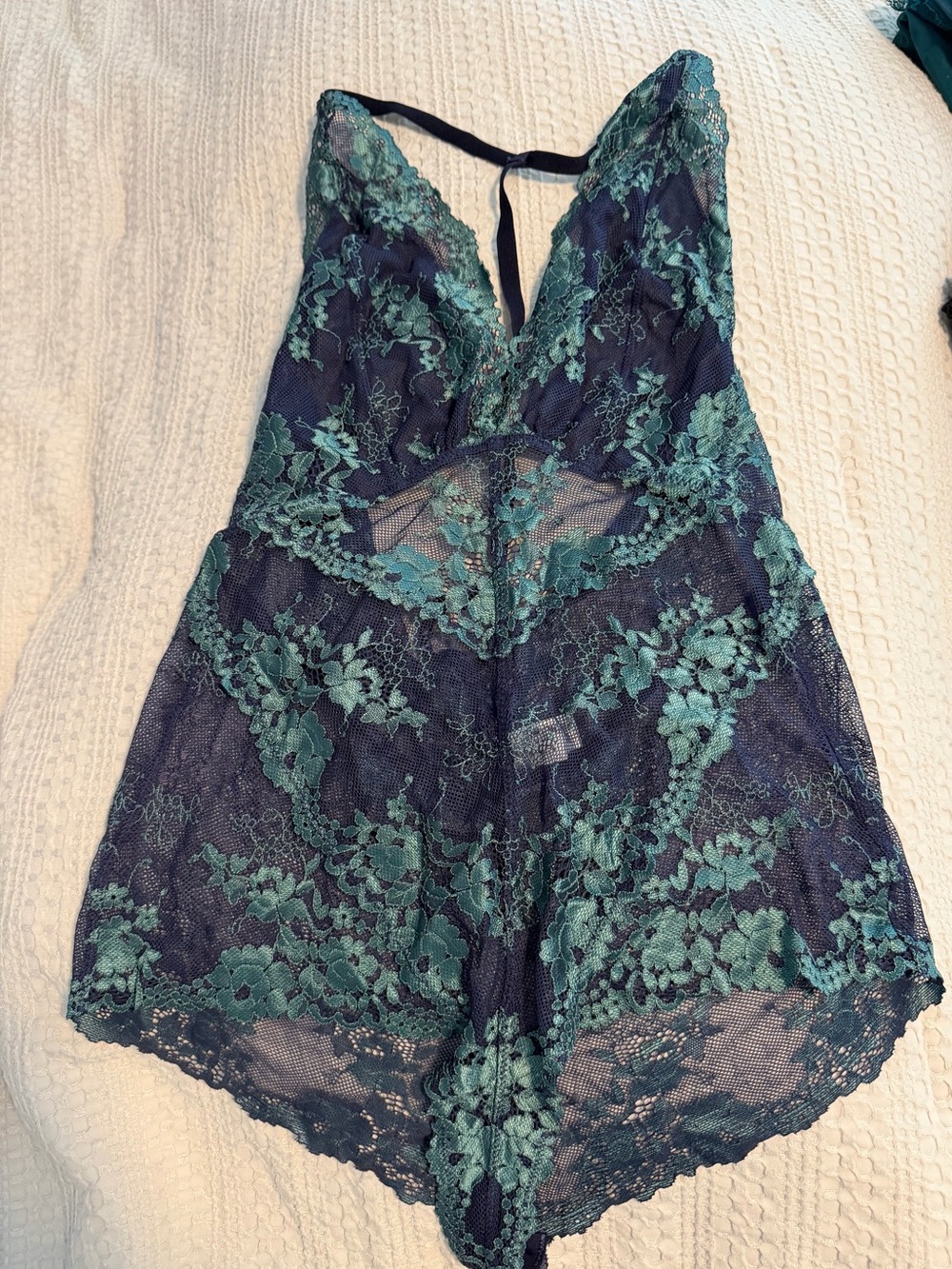 Floral Lace Plunge Chemise in Teal and Navy